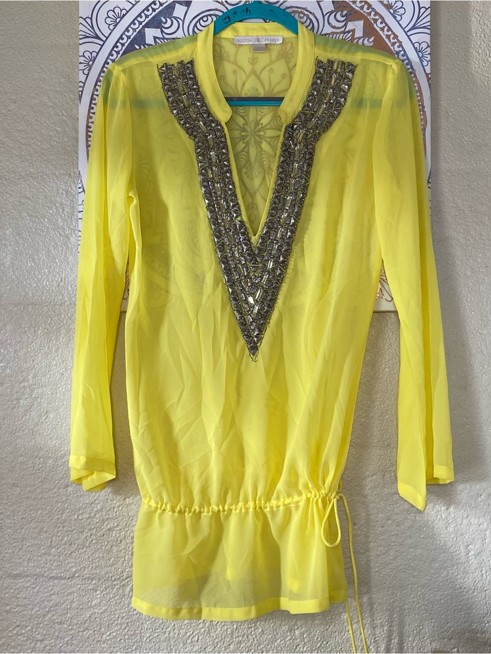 Boston Proper Yellow Sheer Tunic with Beaded V-Neck